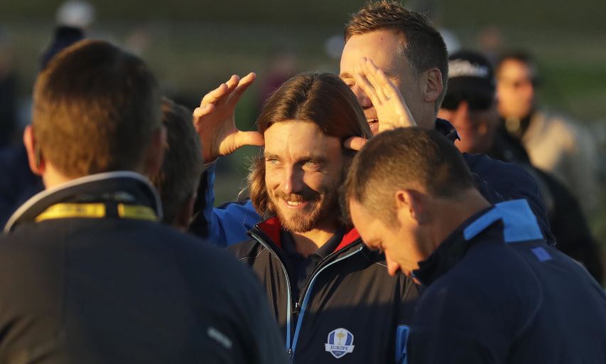 Ian Poulter jokes with Tommy Fleetwood